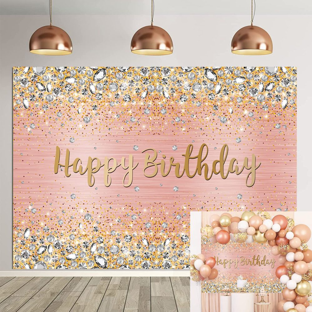 Rose Gold Happy Birthday Photography Backdrop Pink and Gold Dot Glitter Diamonds Bokeh Background for Women Girls Lady Sweet Party Decorations Photo Props (7X5FT)