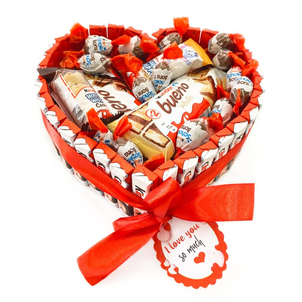 Onza Kinder Bueno Hamper - Kinder Gift Chocolate Bouquet with Kinder Schoko Bons, Kinder Chocolate Bars, Happy Hippo, and More - Heart Shaped Chocolate Box - Christmas Chocolate Gifts for Women