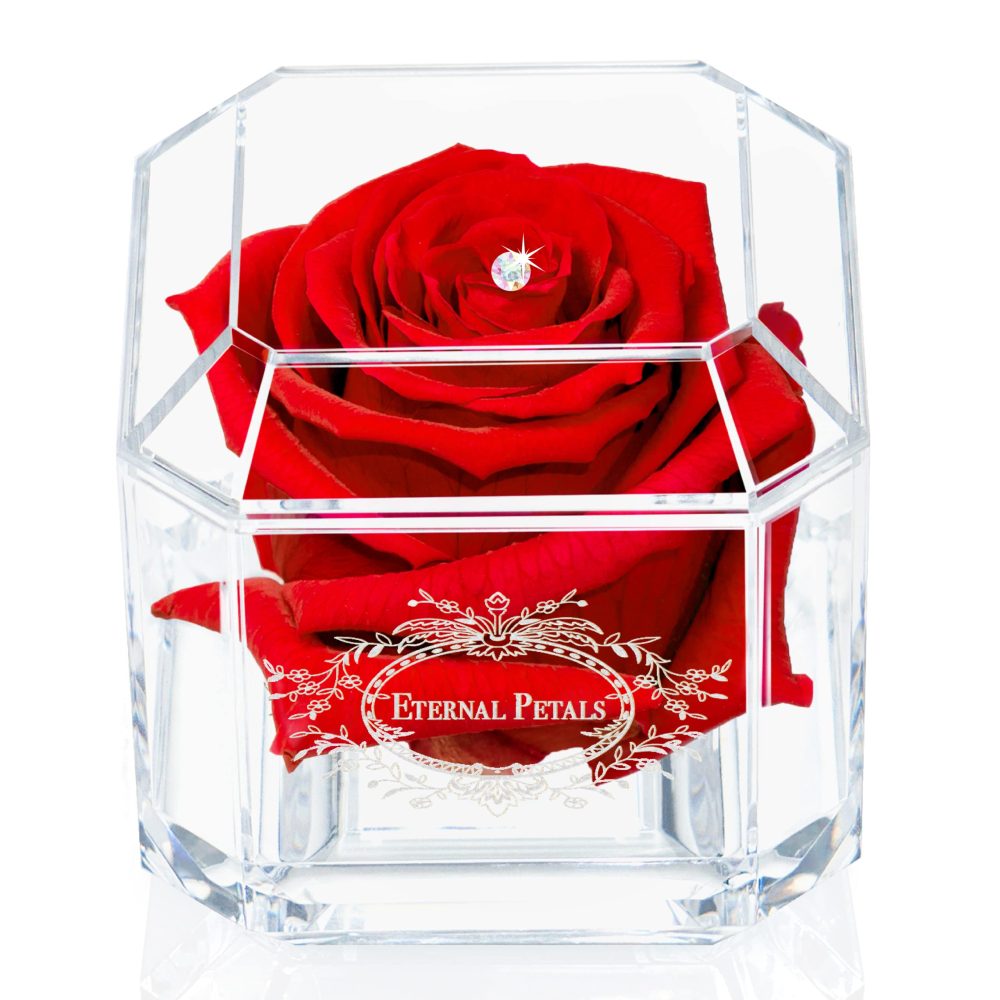 A 100% Real Rose That Lasts Years - Eternal Petals, Handmade in UK – White Gold Solo with A Multicolor Crystal (Red)