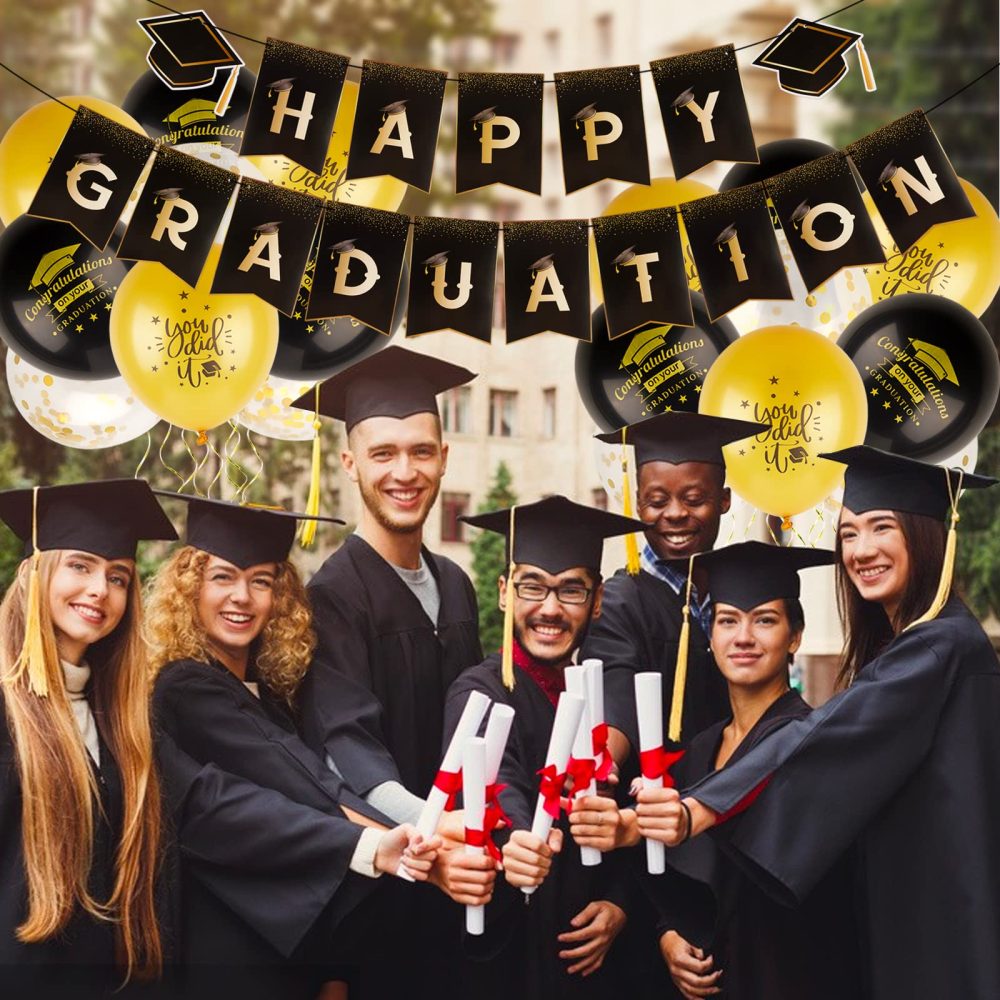 Happy Graduation Banner with Confetti Balloons Graduation Bunting Congrats Grad Class Photo Props Black and Gold Backdrop for Graduation Party Decoration - Image 3