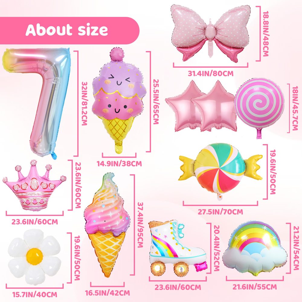 7th Birthday Decorations for Girls - 12 Pieces Inflatable Ice Cream Candy Bow Flower Star Roller Skate Balloons, Large Number 7 Foil Balloon, Colorful 7 Year Old Birthday Party Supplies - Image 6