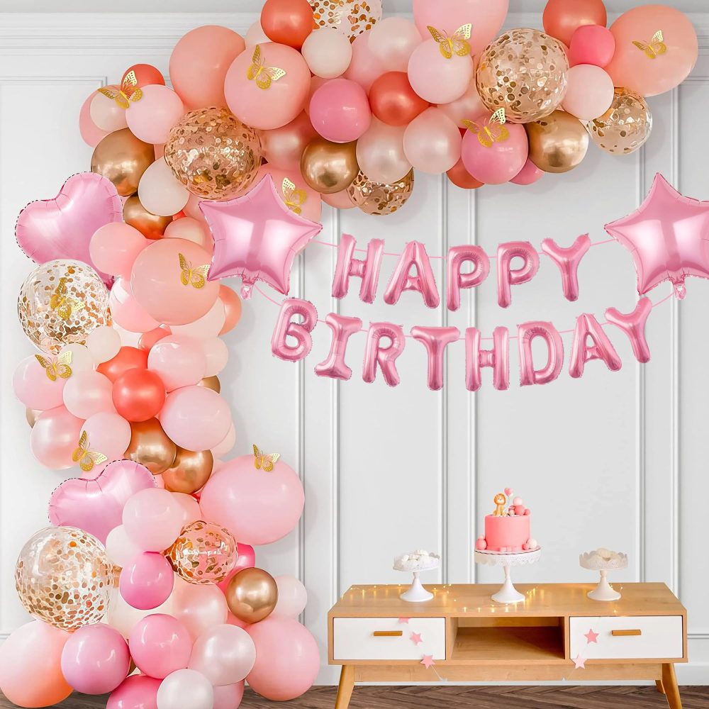 Pink Happy Birthday Decorations Balloons - 31 Pieces Pink Party Decorations, Pink Happy Birthday Banner Balloon, Star Heart Foil Balloon, Gold Sequin Balloon for Girls Woman Birthday Party Supplies - Image 2