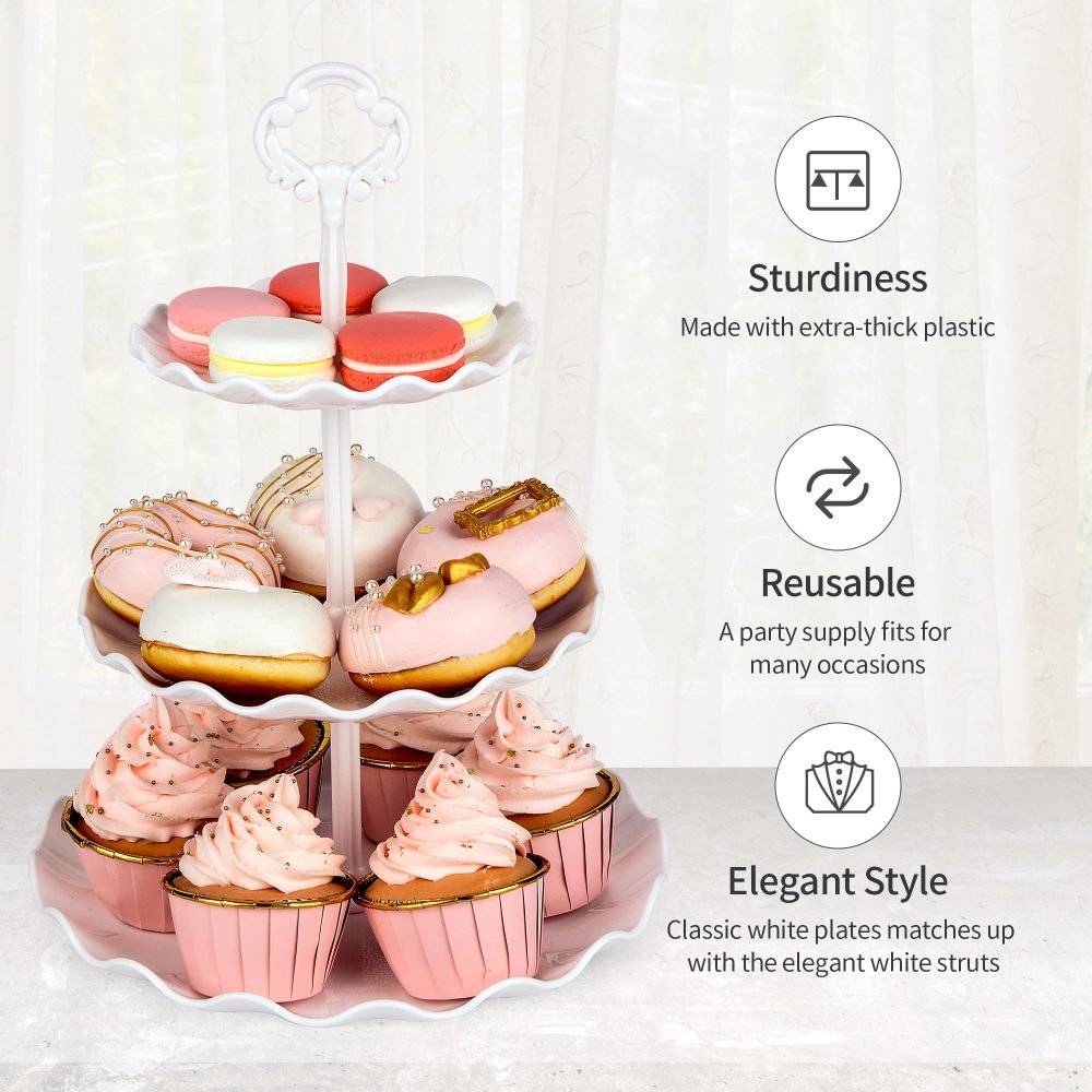 NWK 5 Piece Cake Stand Set with 2x 3-Tier Cupcake Stands + 3X Appetizer Trays Perfect for Wedding Birthday Baby Shower Thanksgiving Christmas New Year Party (Round) - Image 5