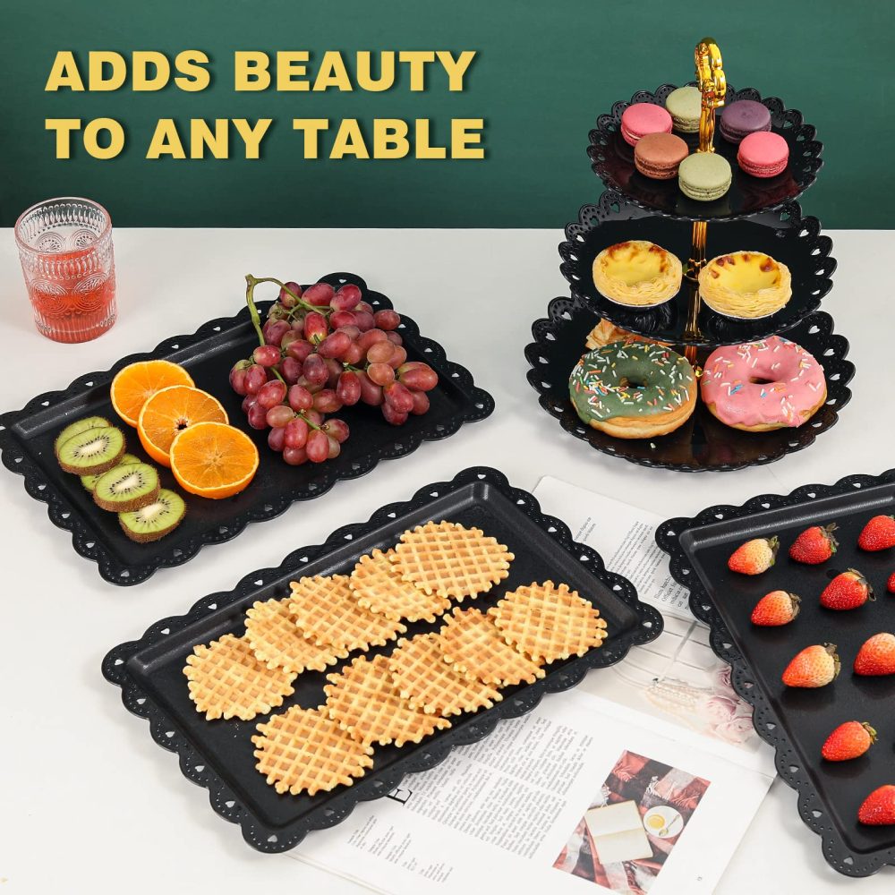 Plastic Serving Trays Food Tray - 14" x 9" Black Rectangle Serving Platter for Party | Cafeteria | Kitchen | Restaurant - Set of 4 Small Flat Trays for Dessert | Fruit | Cookie | Snack | Appetizer - Image 4