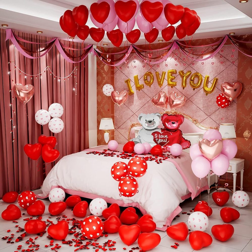 Valentines Day Balloons Kit with Heart Balloon Bear Balloon Pink Balloons I Love You Balloons 1000pcs Rose Petals for Valentines Decorations Anniversary Proposal Romantic Decorations Special Night