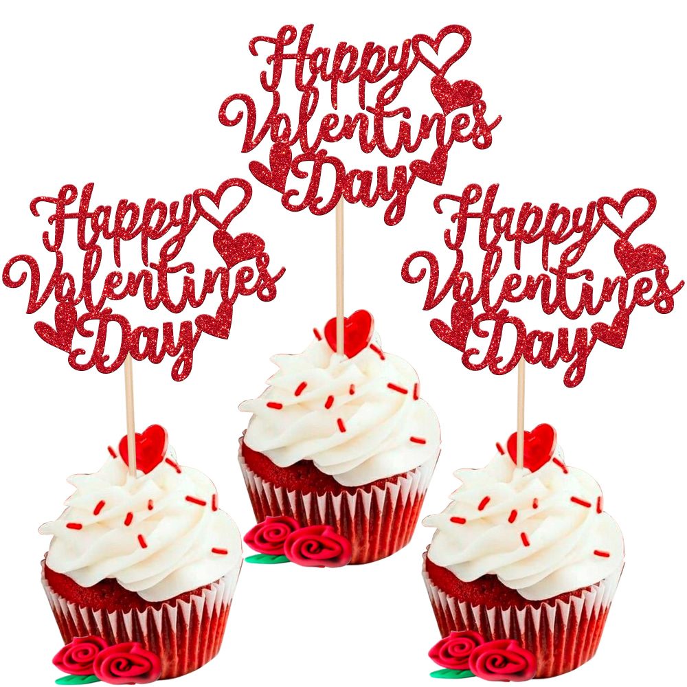 SYKYCTCY 24 Pack Happy Valentine's Day Cupcake Toppers Heart Glitter Sweet Love Theme Valentine's Day Cupcake Food Picks Valentine's Day Theme Birthday Party Cake Decorations Supplies Red