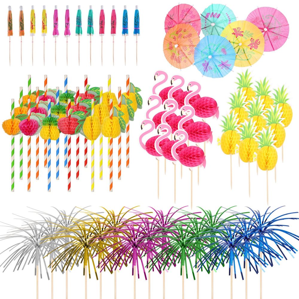 Mooshy 120PCS Reusable Cocktail Accessories for Drinks Cocktail Party Decorations with Paper Cocktail Umbrellas, Cocktail Tree,Cocktail Sticks, Cocktail Fruit Label and Reusable Straws