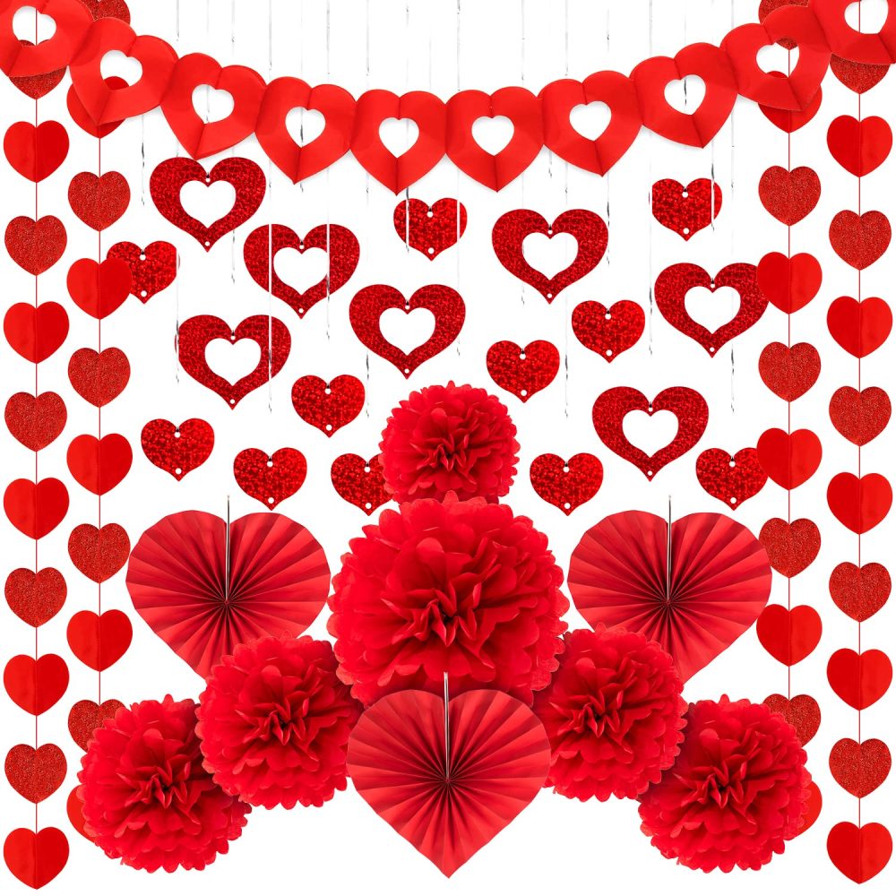 Whaline Valentines Day Party Decorations Kit, 1 Red Heart Hollow Garland Banner, 100 Heart Ornament with Foil Ribbon String, 3 Heart Paper Fans, 4 Sparkling Heart Strings Decor, 6 Red Paper Pompoms