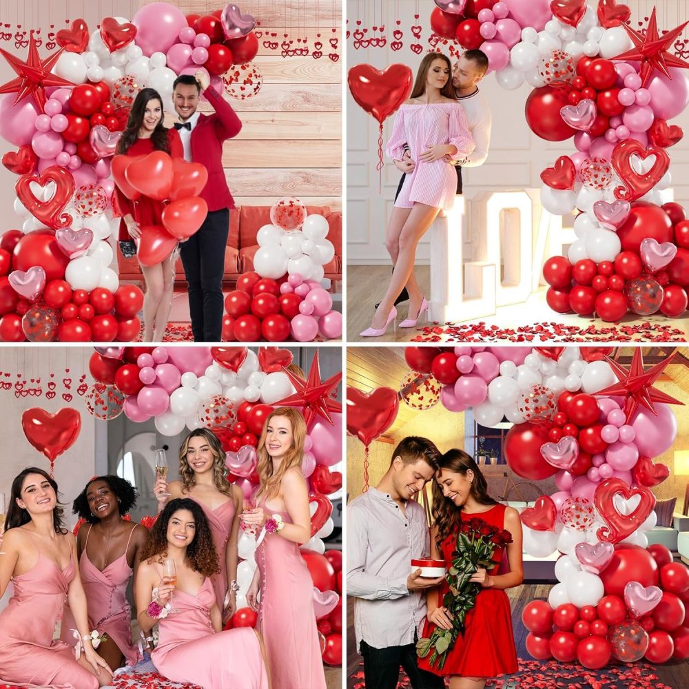 156pcs Valentines Day Balloon Garland Arch Kit with Pink White Red Confetti Heart Balloons Love Foil Balloons Explosion Star Balloons Rose Petals for Anniversary Wedding Romantic Decorations Supplies - Image 3