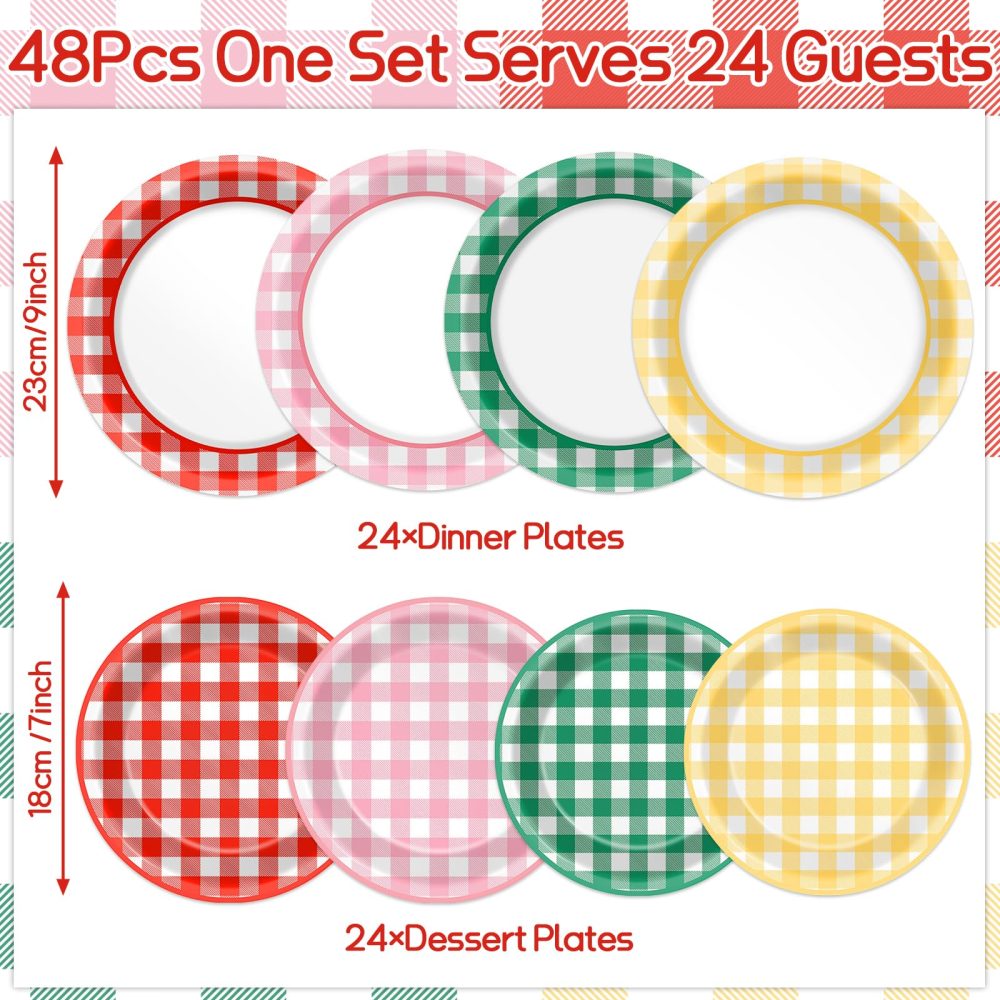 ojustbeok 48 Pcs Camp Gingham Paper Plates Gingham Checkered Bachelorette Party Supplies Glamping Birthday Dinner Plates Summer Bridal Shower Decorations Camping Themed Party Favors Baby Shower - Image 7