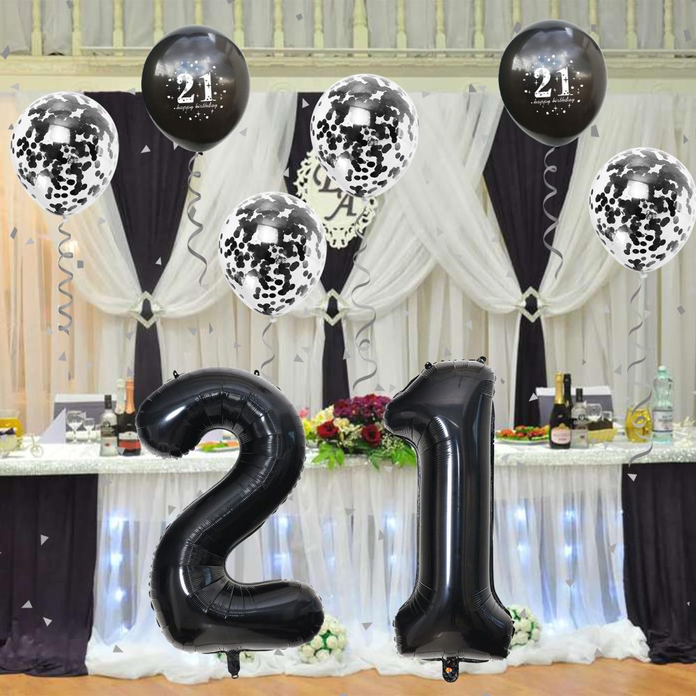 21st Birthday Balloons Black, 21st Birthday Decorations for Him with Large Number 21 Foil Balloon Birthday Print Confetti Balloons Metallic Black Latex Balloons for Her Girls Boys Bday Decor Supplies - Image 4