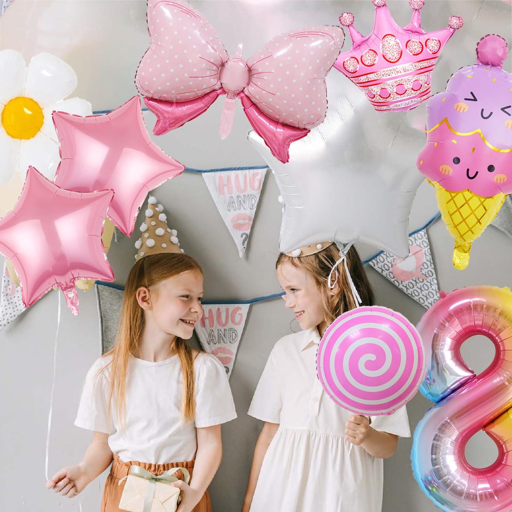 8th Birthday Decorations for Girls - 12 Pieces Inflatable Ice Cream Candy Bow Flower Star Roller Skate Balloons, Large Number 8 Foil Balloon, Colorful 8 Year Old Birthday Party Supplies - Image 3