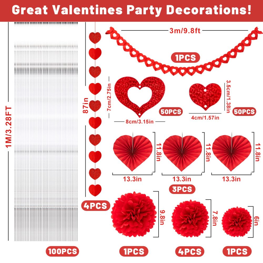 Whaline Valentines Day Party Decorations Kit, 1 Red Heart Hollow Garland Banner, 100 Heart Ornament with Foil Ribbon String, 3 Heart Paper Fans, 4 Sparkling Heart Strings Decor, 6 Red Paper Pompoms - Image 6