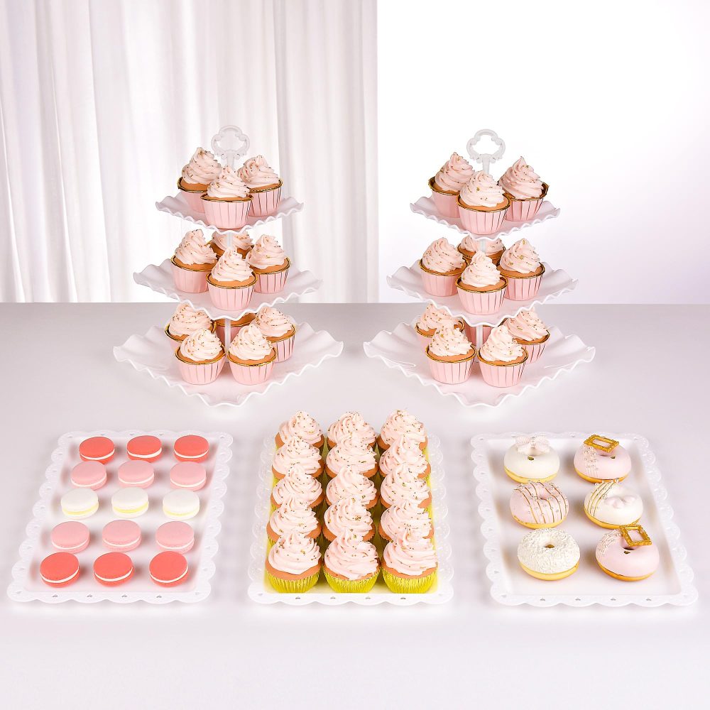 NWK 5 Piece Cake Stand Set with 2x 3-Tier Cupcake Stands + 3X Appetizer Trays Perfect for Wedding Birthday Baby Shower Thanksgiving Christmas New Year Party