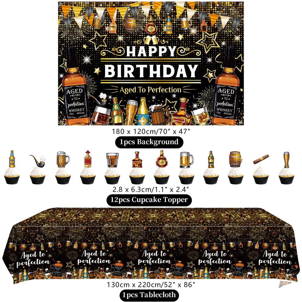 Whiskey Birthday Party Decorations - Aged to Perfection HAPPY BIRTHDAY Backdrop Black Champagne Gold Balloons Garland Wine Cake Toppers Centerpiece Tablecover Cheers and Beers Party for Man Daddy - Image 6