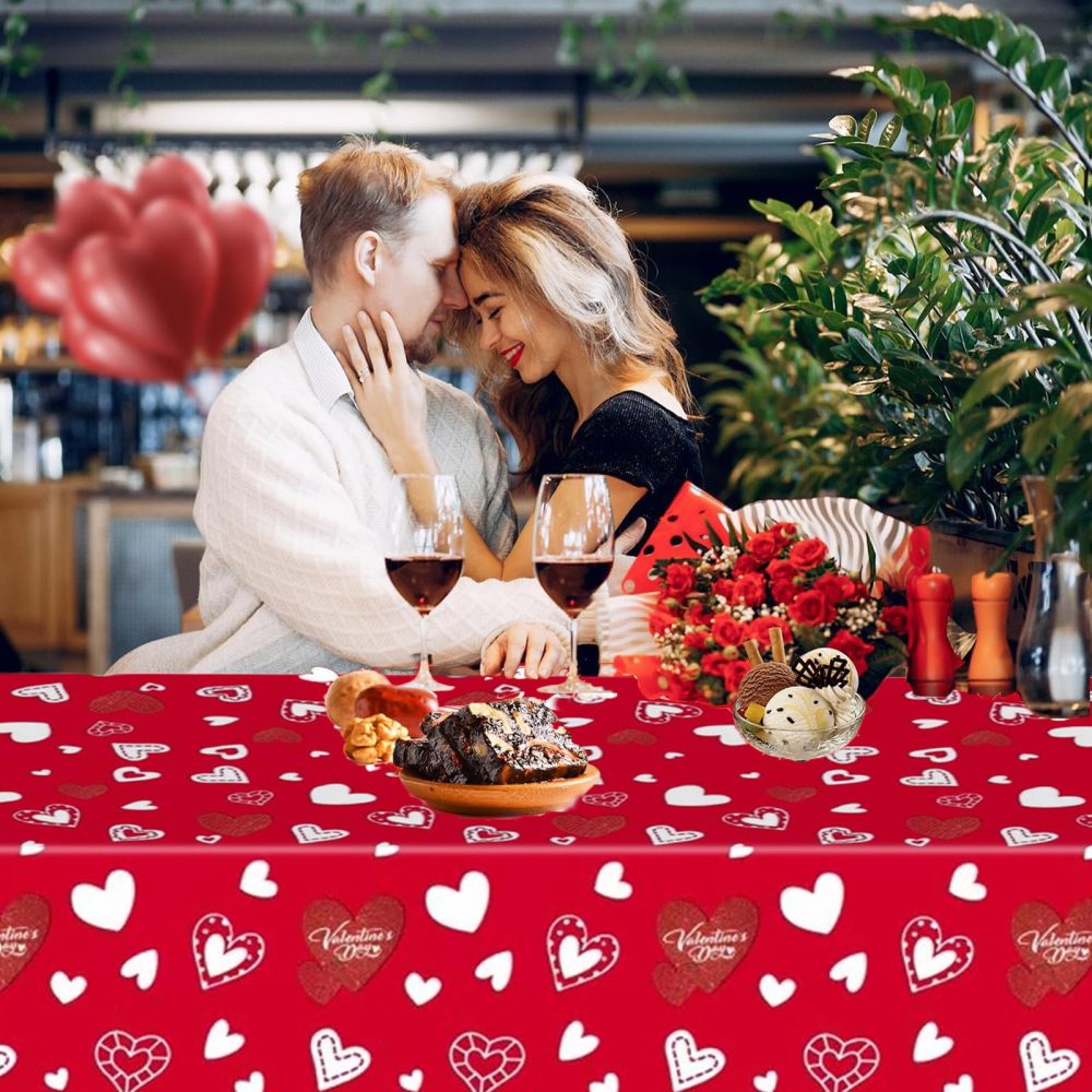 COSORO 137 * 274cm Valentines Day Tablecloths Party,Valentines Table Cloth Plastic Red Heart Rectangle Waterproof Table Cover for Valentine's Day Decorations Birthday Wedding Anniversary Party Decor - Image 3