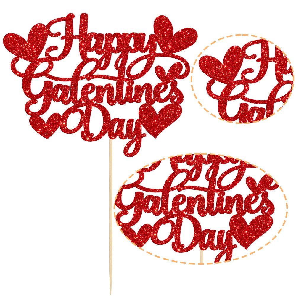 Gyufise 1Pc Happy Galentine's Day Cake Topper Glitter Sweet Love Valentines Day Cake Topper Decorations for Valentine's Day Theme Birthday Party Cake Decorations Supplies Red - Image 2