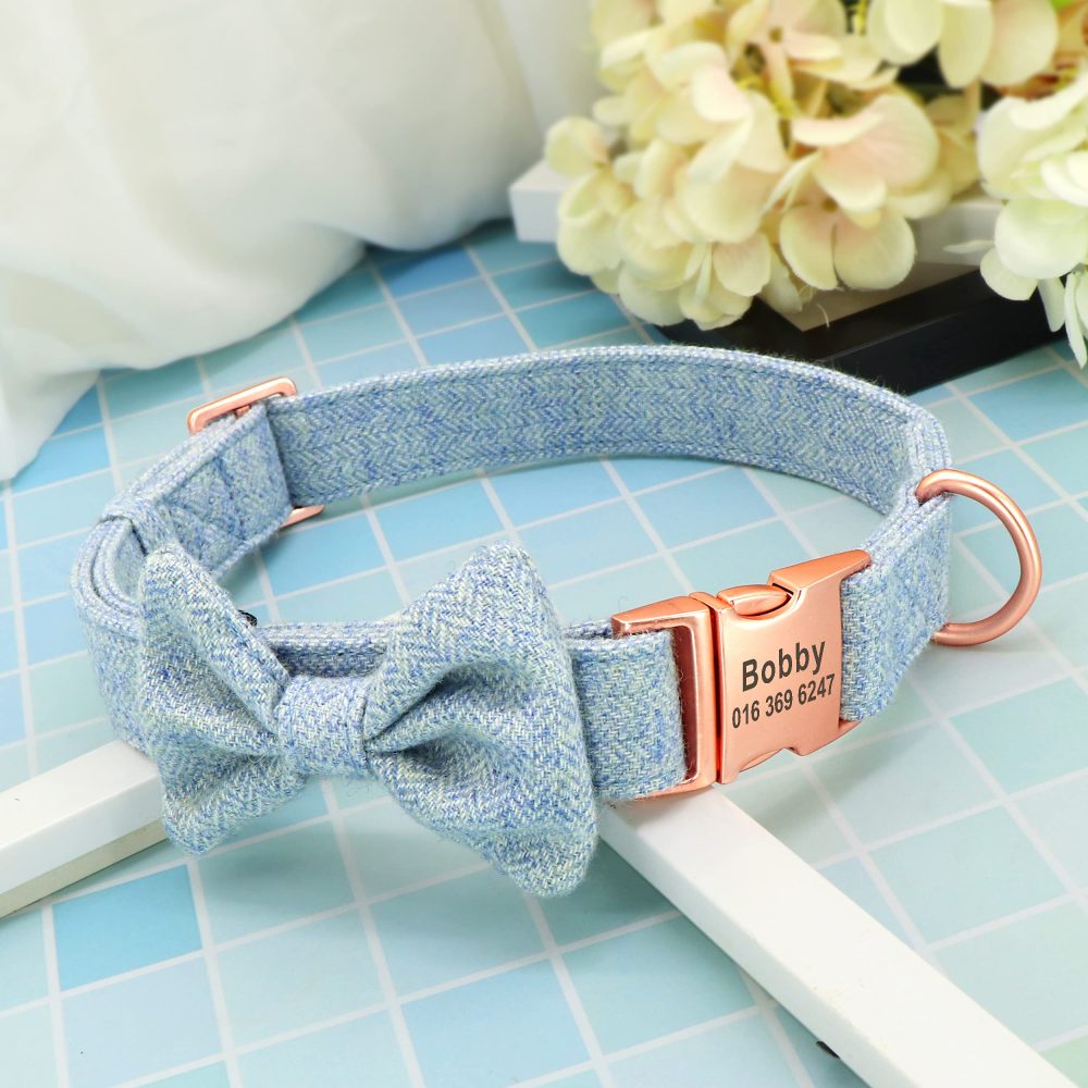 PET ARTIST Soft & Comfy Bowtie Dog Collar with Rose Gold Buckle - Personalized Dog Collar Girl with Name Plate Engraved - Adjustable Dog Collars Pet Gift for Small Medium Large Dogs,Blue,S - Image 4