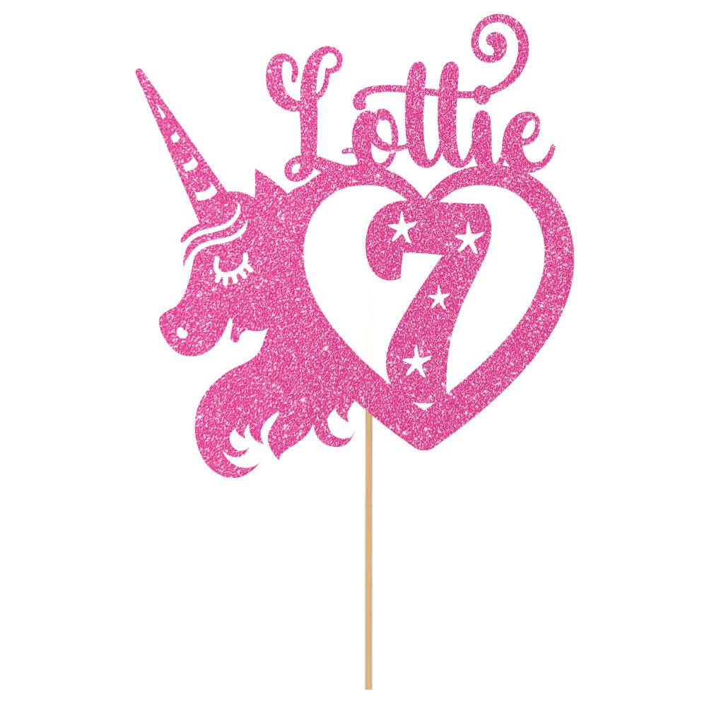 Personalised Birthday Glitter Cake Topper by Cakeshop | Custom Colour Any Name & Any Age Unicorn Heart Cake Decoration for 1st 2nd 3rd 4th 5th 6th 7th 8th 9th 10th 16th 18th | Baby Pink