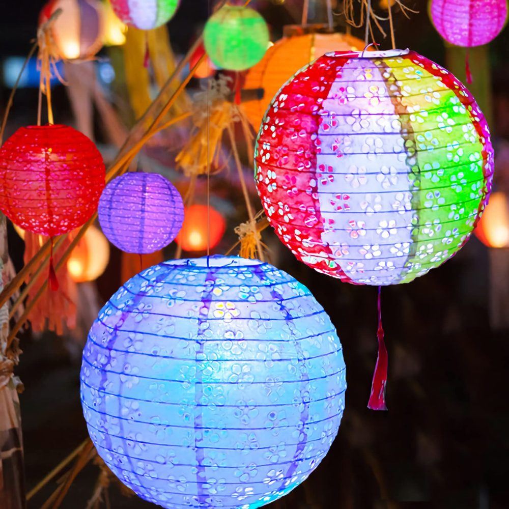 Qlisytpps Paper Lanterns with LED Lights 10 Colours Chinese Japanese Lantern Oriental Style Traditional Asian Bedroom Paper Lamp for Home Wedding Party Decoration 8 Inch (5pcs) Free 2 Spare Lights - Image 7