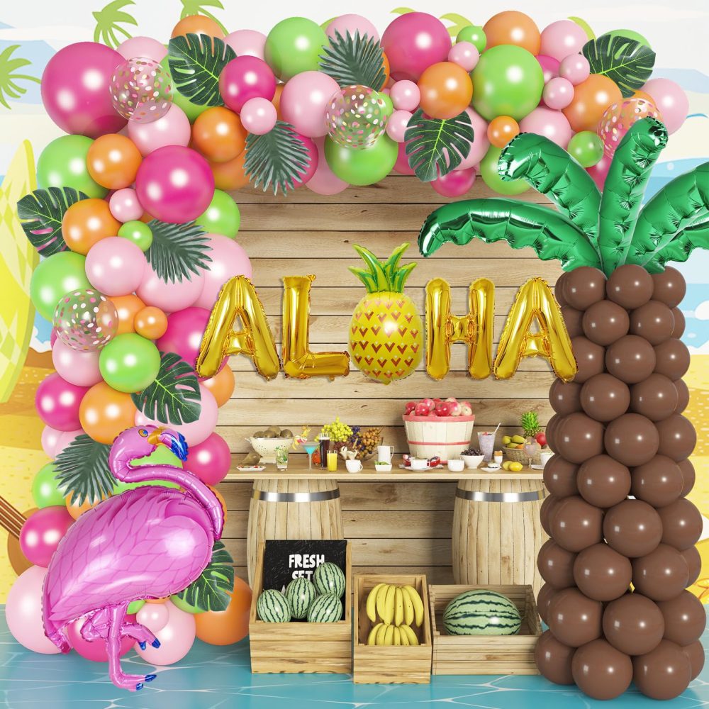 186pcs Tropic Balloons Arch Kit Hawaii Party Decorations ALOHA Flamingo Foil Balloons 10 Tree Leaves Light Green Pink Latex Balloons for Kids Luau Hawaii Beach Summer Party Decorations