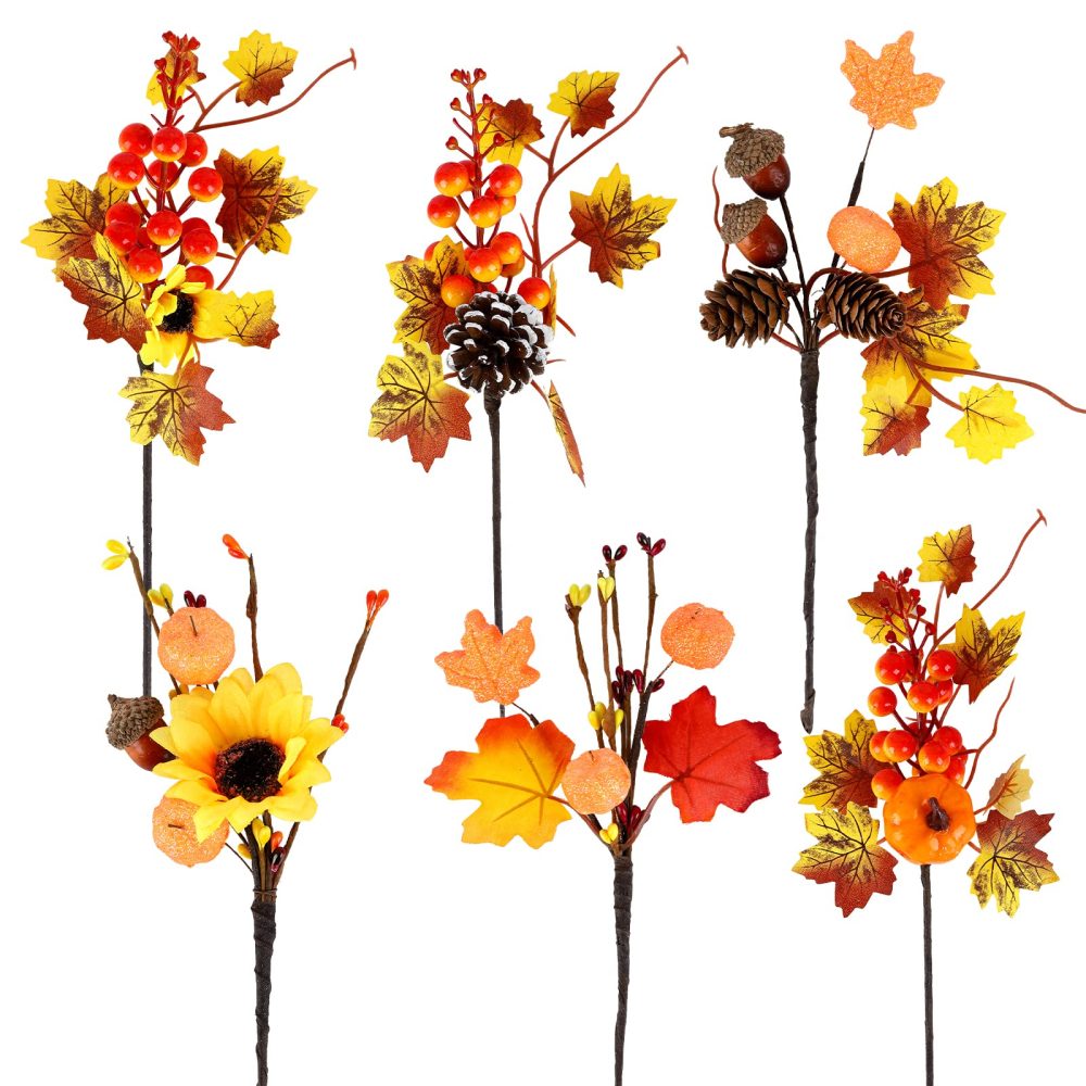 6 Pack Artificial Maple Leaves Branches Fall Floral Picks Autumn Pumpkin Berry Twig Stem with Pinecone for Thanksgiving Harvest Day Decoration DIY Floral Arrangements