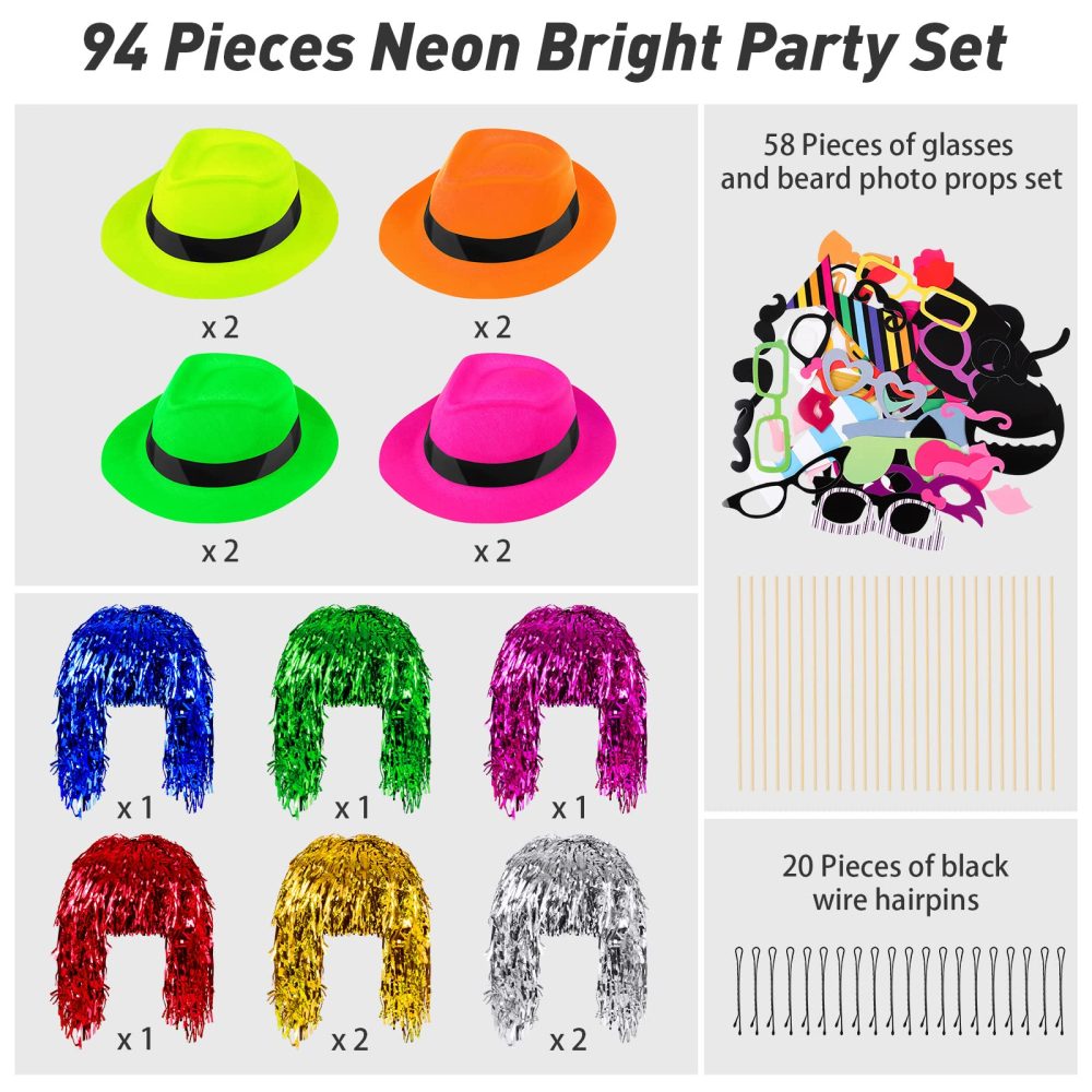 Aodaer 94 Pieces Neon Bright Party Set Funny Neon Gangster Hats Metallic Foil Tinsel Wigs Party Photo Booth Props with Glasses Neon Party Supplies for Adult - Image 6