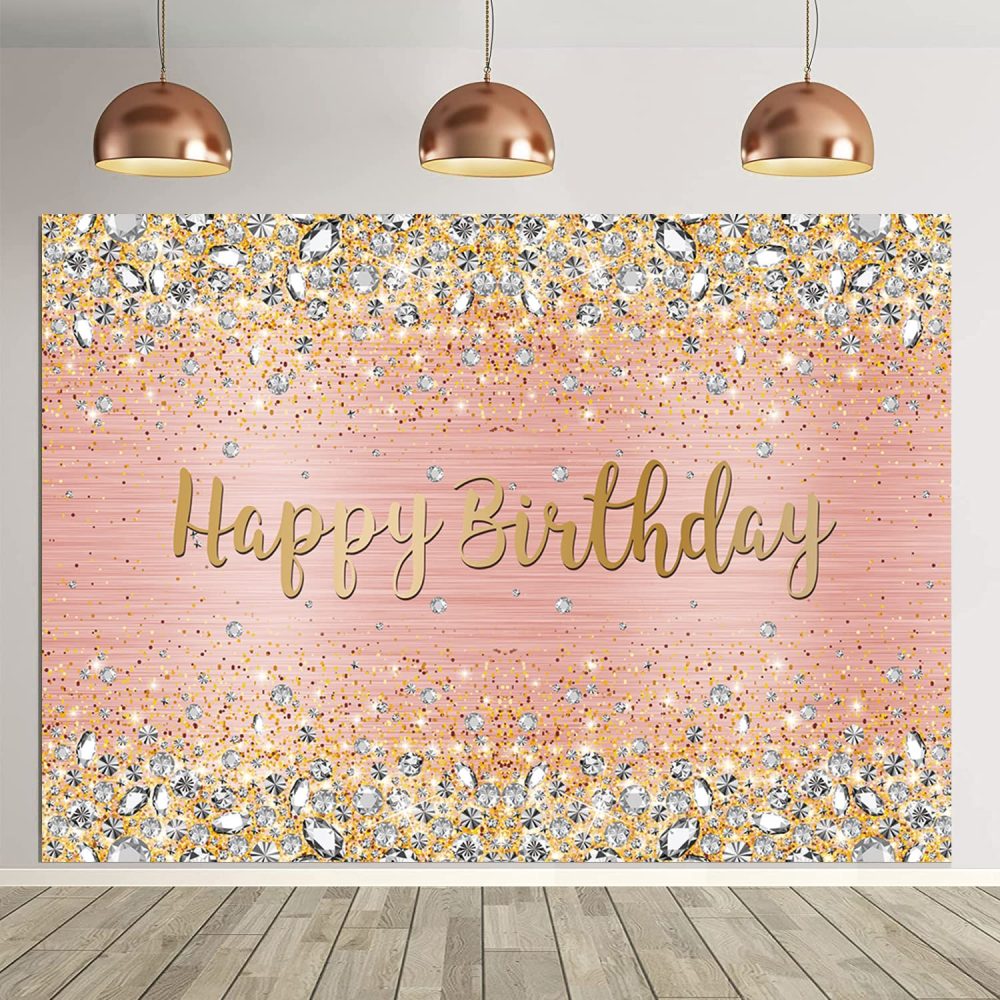 Rose Gold Happy Birthday Photography Backdrop Pink and Gold Dot Glitter Diamonds Bokeh Background for Women Girls Lady Sweet Party Decorations Photo Props (7X5FT) - Image 5