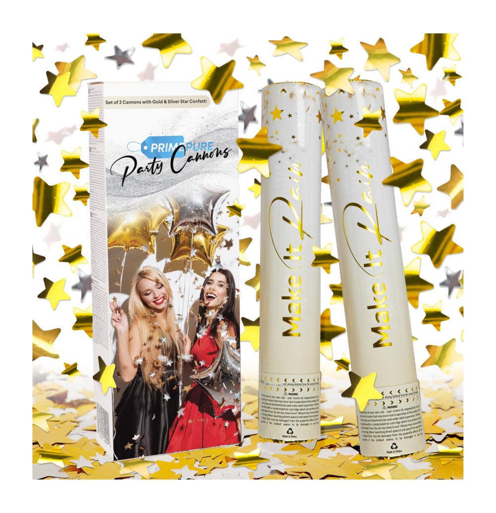 2 Pack Gold Stars Confetti Cannons Party Poppers | Party Cannon Confetti for New Years Eve, Weddings, Graduations, Celebrations, Photoshoot, and Birthdays | Large Gold Confetti Giant Shooters Gun Tube