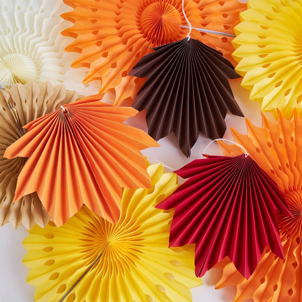 SUNBEAUTY 12 Pcs Orange Hanging Maple Paper Leaves Fans for Fall Party Decorations Hanging Leaf Fall Paper Fans for Autumn Thanksgiving Woodland Birthday Baby Shower Rustic Wedding Party Decorations - Image 6