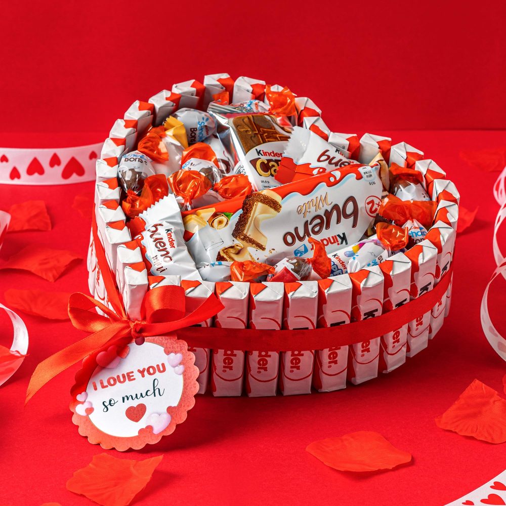 Onza Kinder Bueno Hamper - Kinder Gift Chocolate Bouquet with Kinder Schoko Bons, Kinder Chocolate Bars, Happy Hippo, and More - Heart Shaped Chocolate Box - Christmas Chocolate Gifts for Women - Image 6