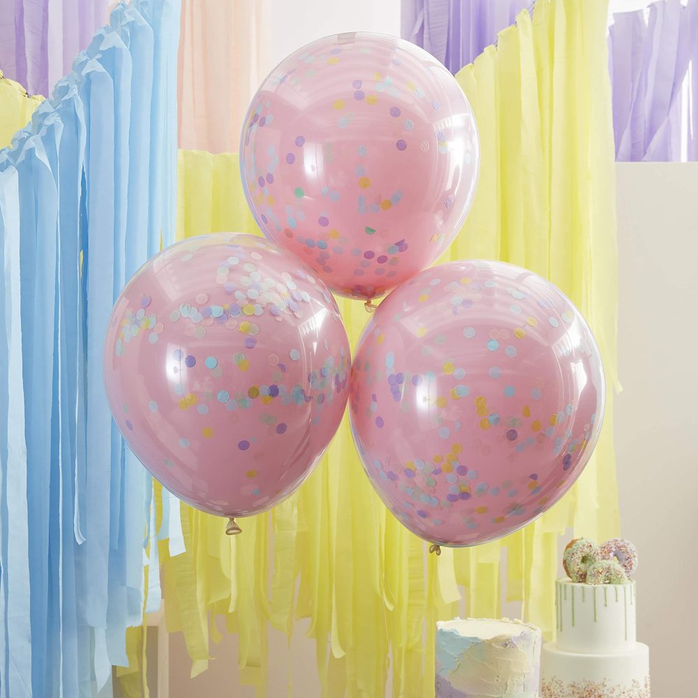 Ginger Ray Double Layered Pink and Pastel Confetti Filled Party Decoration Balloons 3 Pack