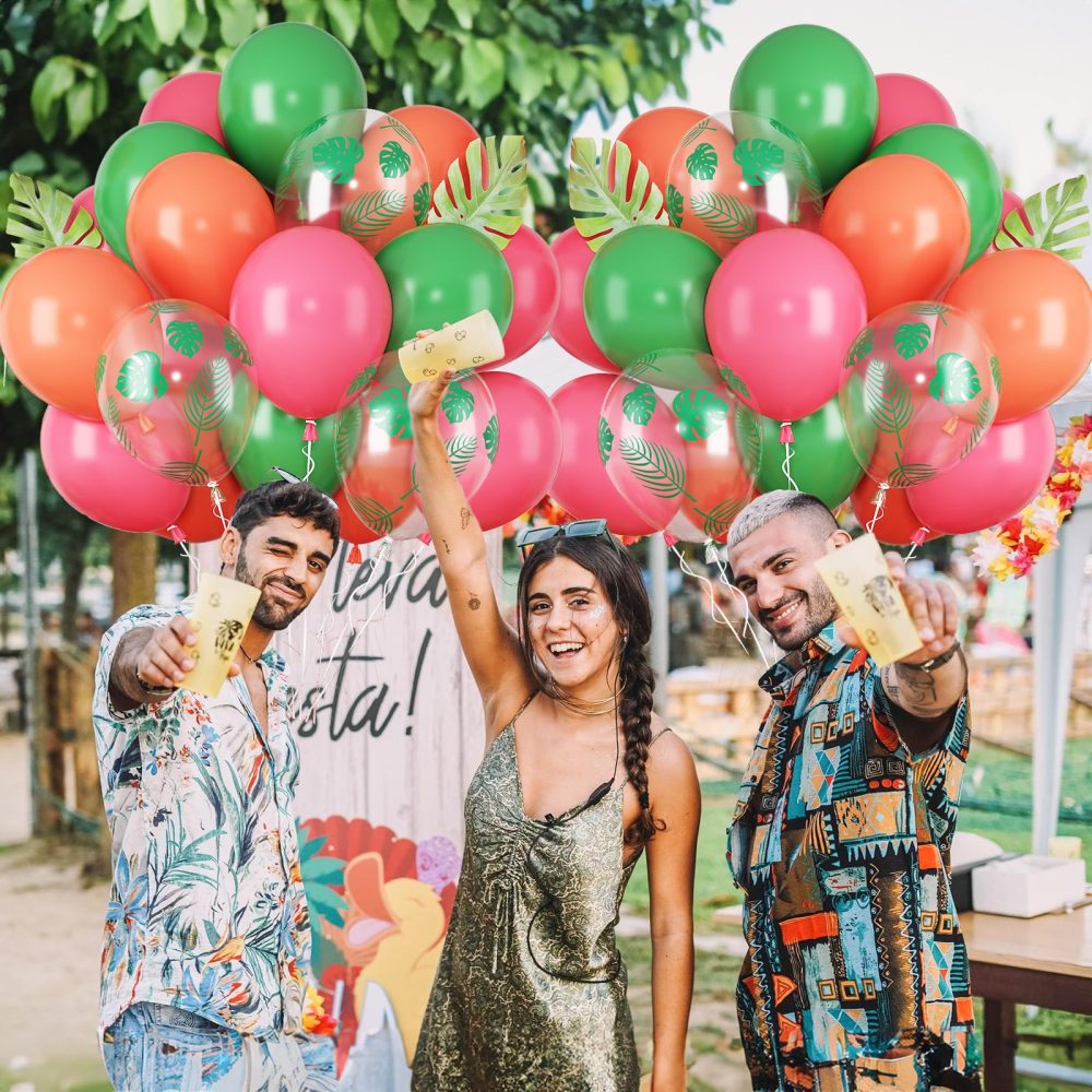 Tropical Balloons Pink Green Rose Balloons for Flamingo Hawaiian Luau Party Decorations Summer Aloha Birthday Decor with Tropical Leaf Printed Balloon 12INCH Pink Green Helium Latex Balloons for Arch - Image 3