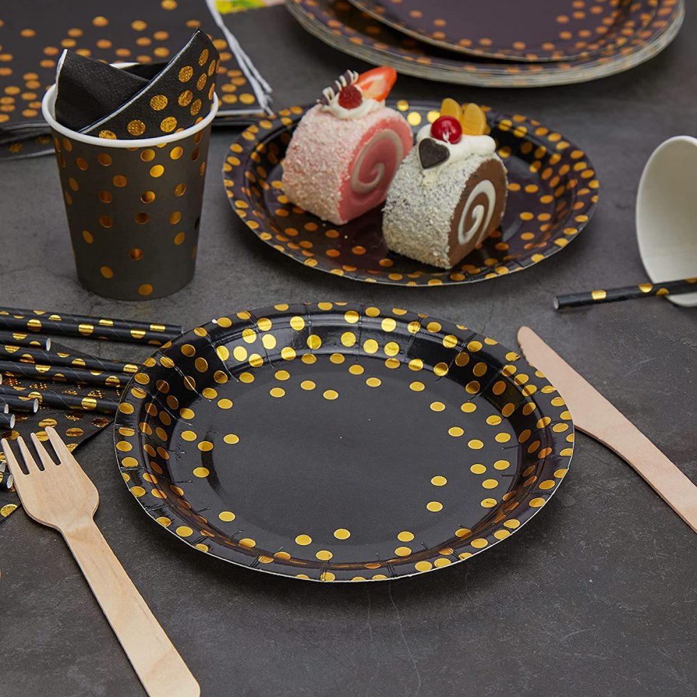 Black Gold Party Supplies - Gold Foil Dot Cutlery Set Include Party Cutlery Tablecloth Party Plate Cup Straws Napkins Cutlery Set for Birthdays Weddings Anniversary Decorations Graduation(Serves 16) - Image 4