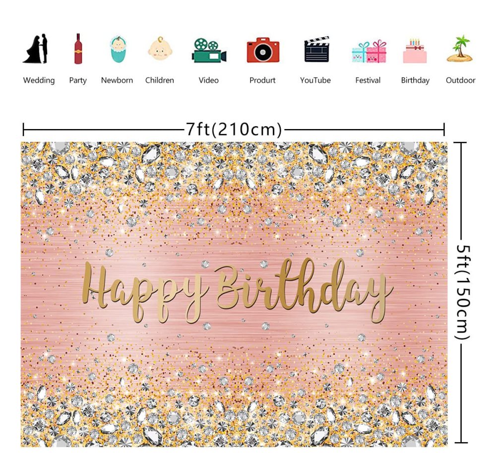 Rose Gold Happy Birthday Photography Backdrop Pink and Gold Dot Glitter Diamonds Bokeh Background for Women Girls Lady Sweet Party Decorations Photo Props (7X5FT) - Image 2