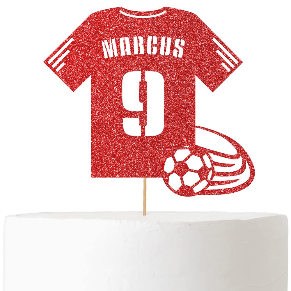 Personalised Birthday Glitter Cake Topper by Cakeshop | Custom Colour Any Name & Any Age Football Kit Cake Decoration for 1st 2nd 3rd 4th 5th 6th 7th 8th 9th 10th 16th 18th | Red - Image 2