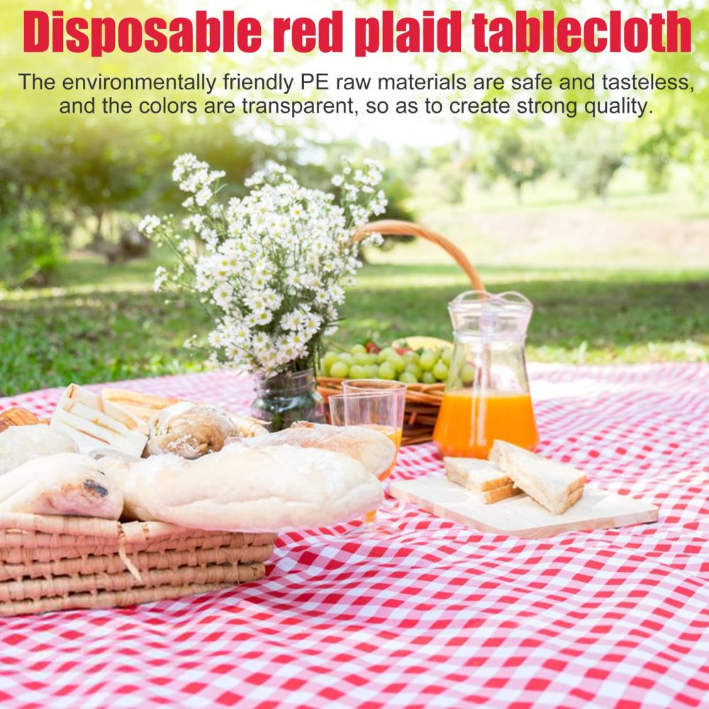 Cisolen 4 Pieces Disposable Tablecloth Red and White Gingham Check PE Tablecloth Rectangular Tablecloth for Party Christmas Wedding Picnic Birthday Halloween Decorations 130 x 220cm - Image 2