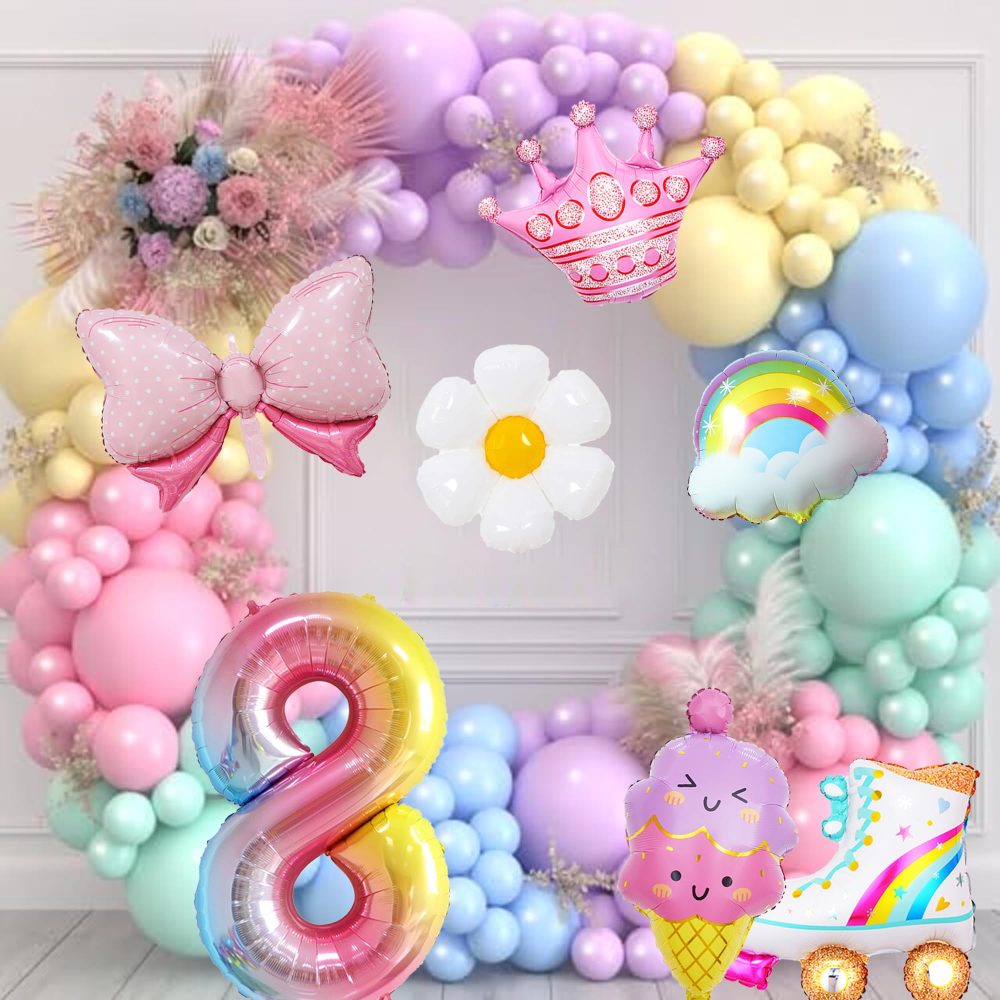 8th Birthday Decorations for Girls - 12 Pieces Inflatable Ice Cream Candy Bow Flower Star Roller Skate Balloons, Large Number 8 Foil Balloon, Colorful 8 Year Old Birthday Party Supplies - Image 5