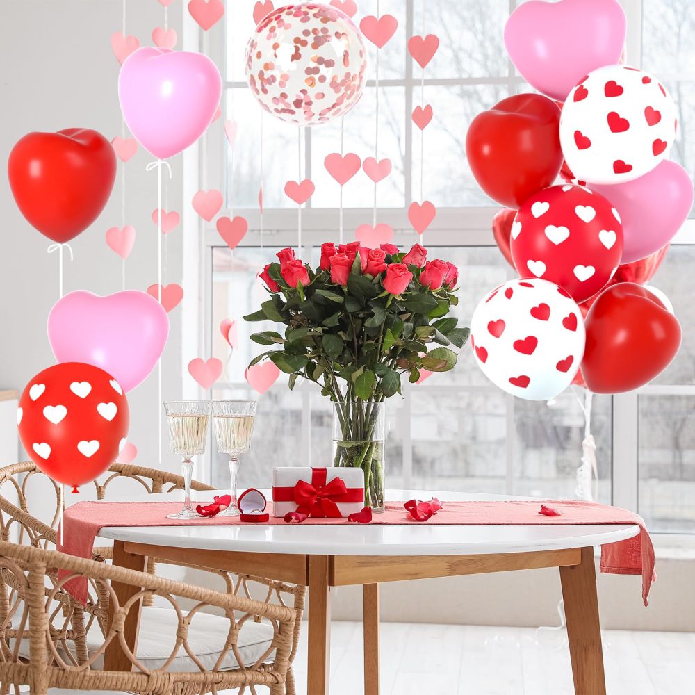 NEBURORA 60 Pieces Valentine's Day Pink and Red Heart Shaped Balloons Heart Print Balloons with Confetti Balloons Set with Ribbon for Valentine's Party Decorations Supplies - Image 3