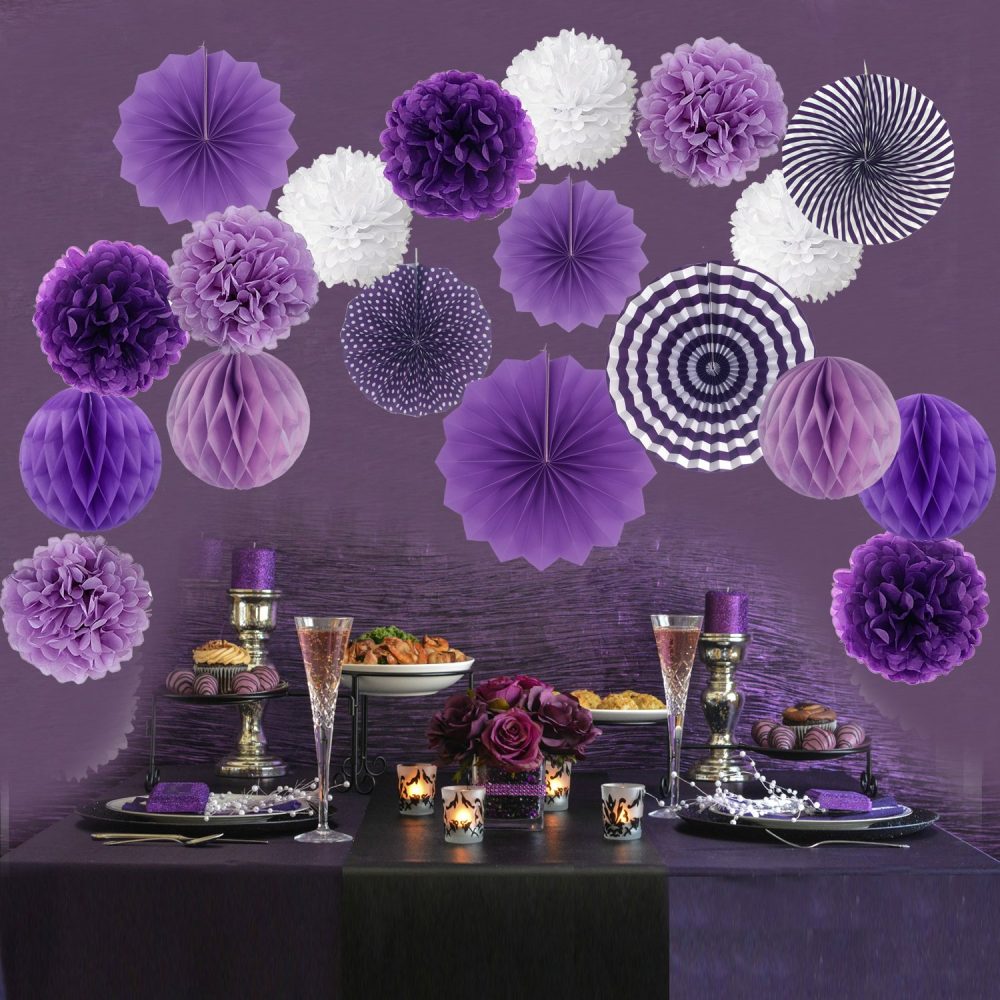 ZERODECO Purple Party Decorations, Hanging Paper Fan Set Tissue Paper Pom Poms Flower Fan and Honeycomb Balls for Birthday Baby Shower Wedding Festival Decorations - Image 5