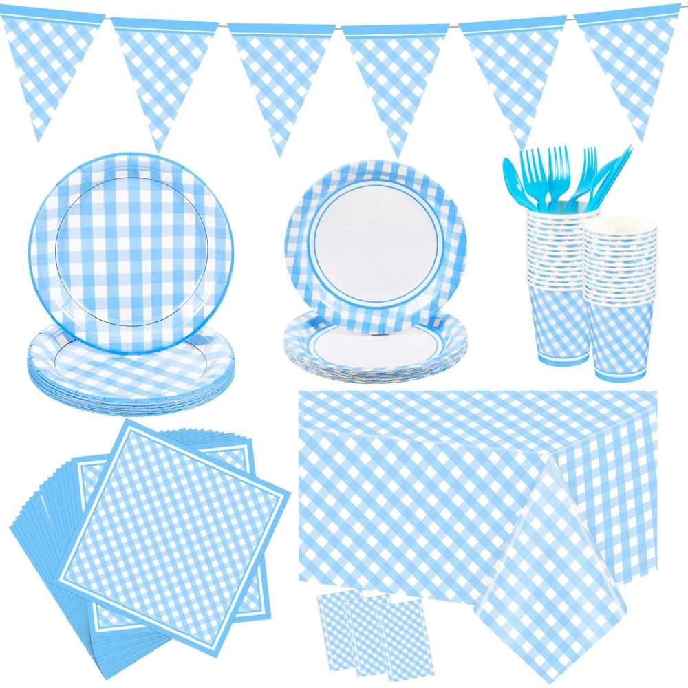 Preboun 198 Pcs Light Blue and White Gingham Party Supplies for 24 Guests Blue Checkered Plaid Tablecloth Pennant Banner Plate Cup Napkin and Cutlery for Picnic BBQ Birthday Halloween Christmas Party