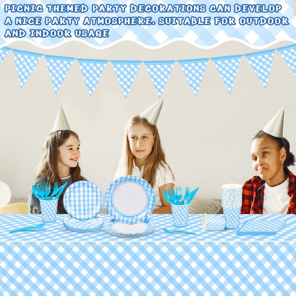 Preboun 198 Pcs Light Blue and White Gingham Party Supplies for 24 Guests Blue Checkered Plaid Tablecloth Pennant Banner Plate Cup Napkin and Cutlery for Picnic BBQ Birthday Halloween Christmas Party - Image 2