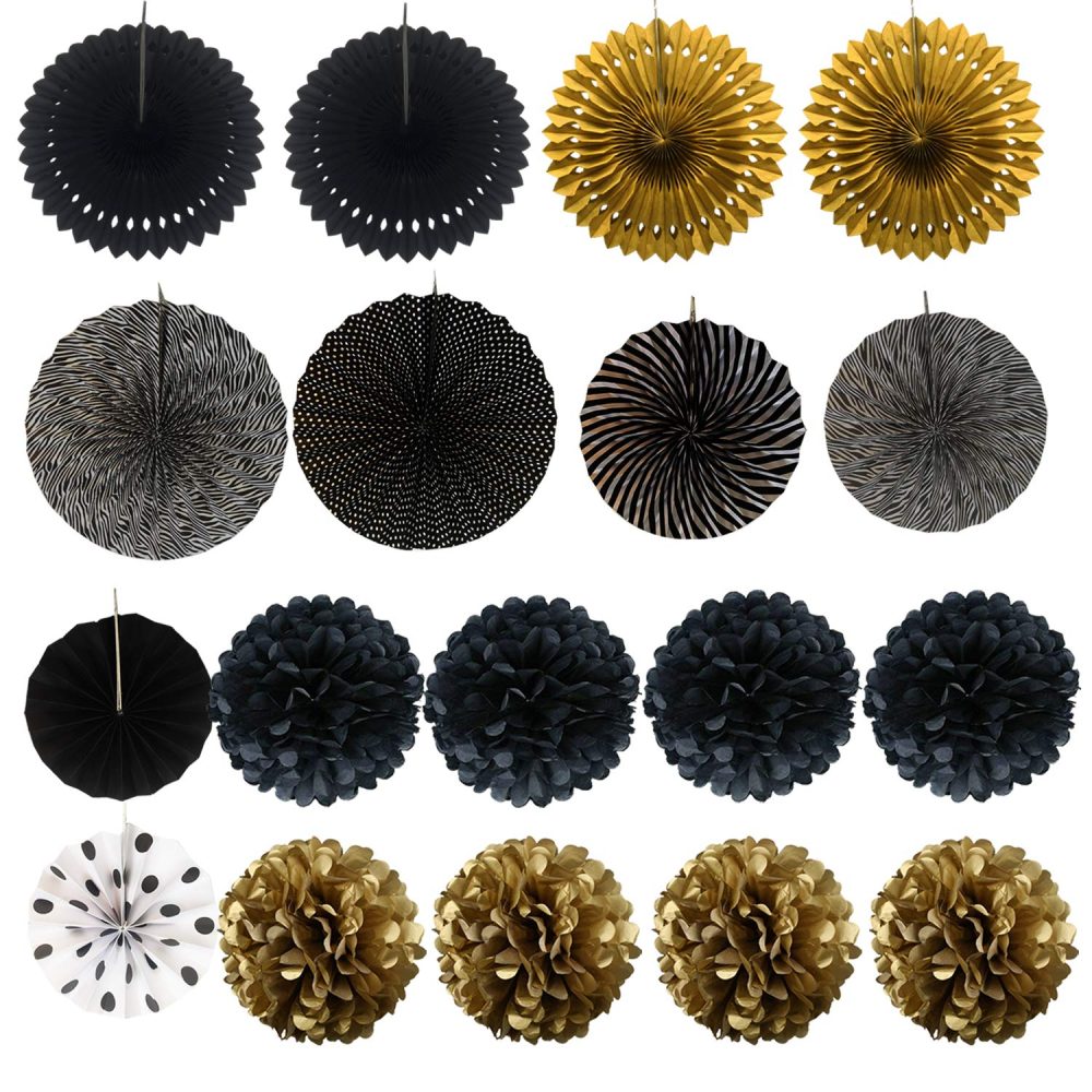 Zerodeco Party Decoration, 21 Pcs Black and Gold Hanging Paper Fans, Pom Poms Flowers, Garlands String Polka Dot and Triangle Bunting Flags for Birthday Party graduations Wedding Décor Happy New Years - Image 2