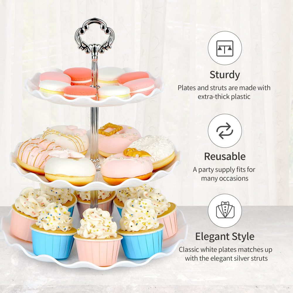 NWK Pack of 2 Large Stable 3-Tier Cupcake Stand 30cm Height Plastic Cake Stand Food Round Display for Wedding Birthday Graduation Afternoon Tea Party (Silver, Large) - Image 4