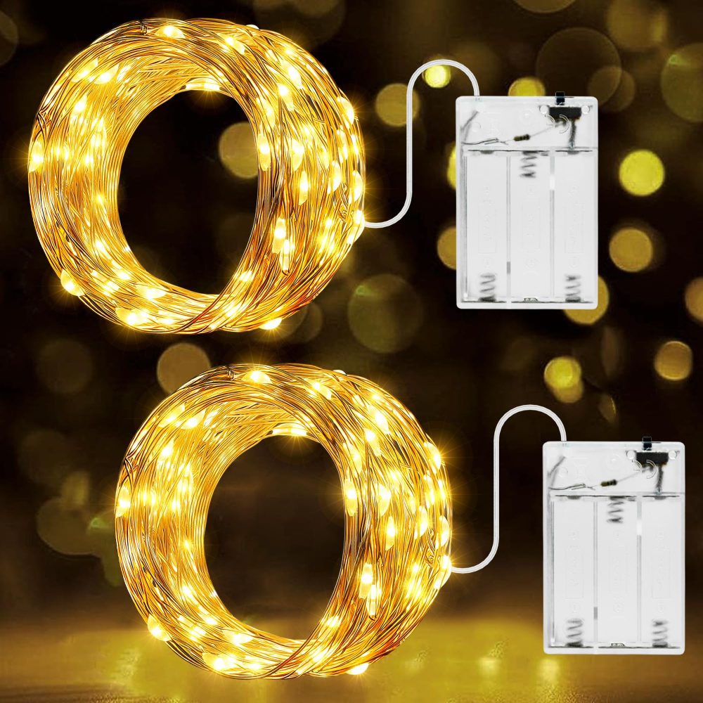 Ollny Fairy Lights Battery Operated - 2 Packs 10m 100 LEDs Christmas String Light for Bedroom, Waterproof Micro Cooper Wire Light for Indoor/Outdoor/Outside/Bottle/Tree Decorations(Warm White)