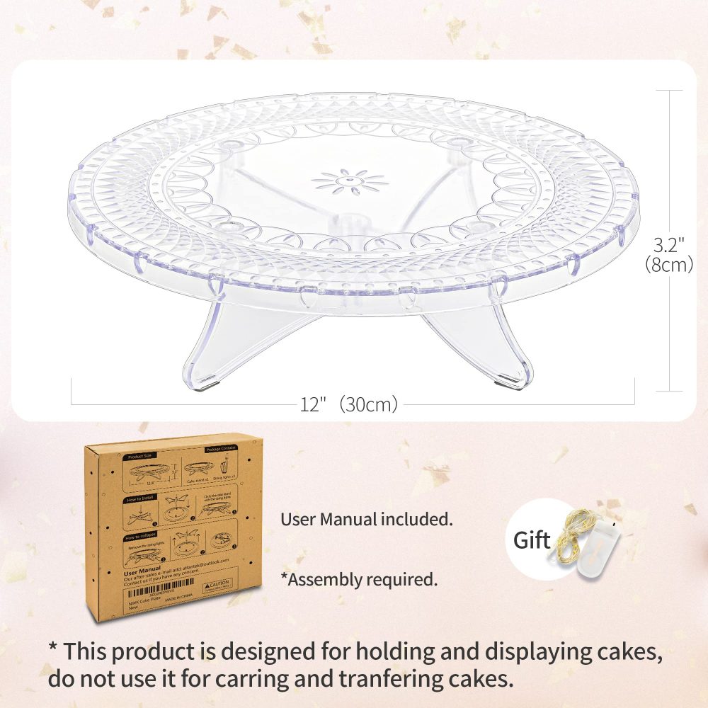 NWK 12inch Clear Cake Stand Dessert Plate with String Lights Fit for 6 inch, 8 inch, 10 inch,12 inch Cakes for Wedding Birthday Party - Image 6