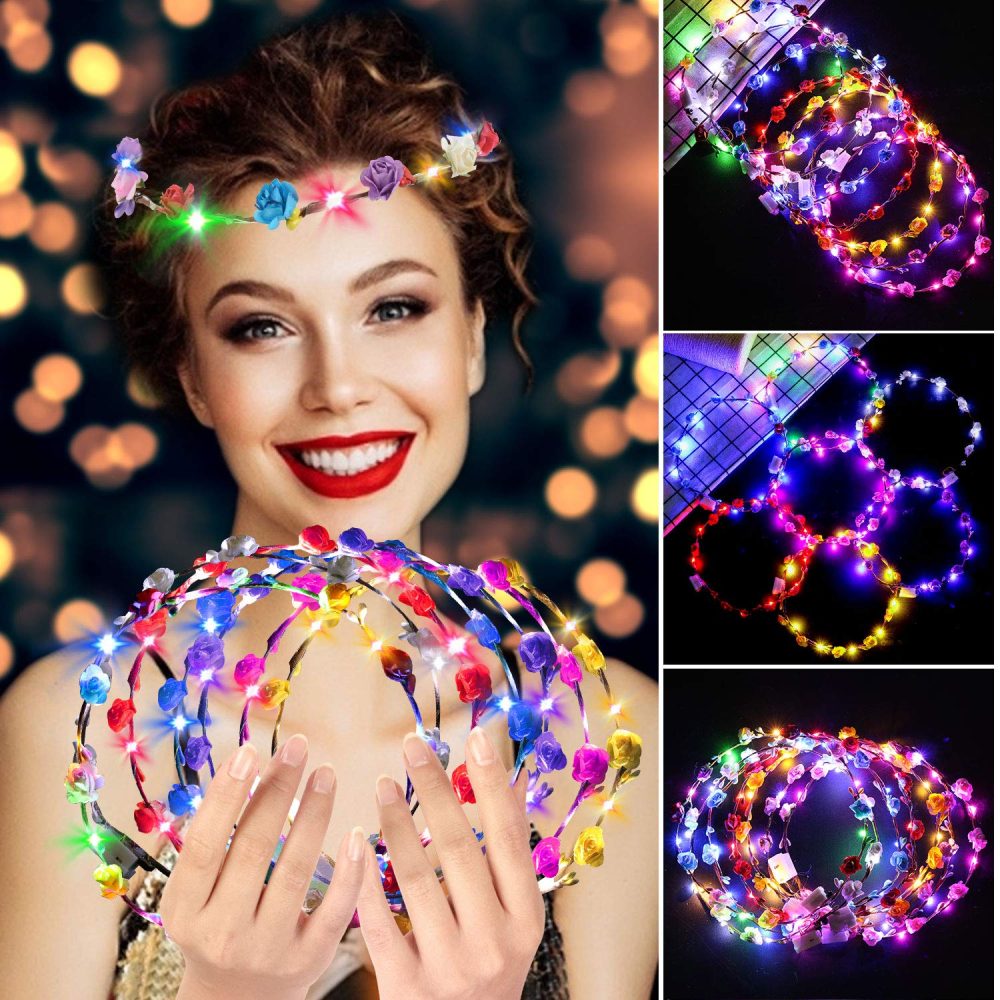 LED Flower Headband,7Pcs Flower Crown Garland Headband Flower Headdress Floral Headband for Women Girls Hair Accessories New Year Birthday Wedding Festival Halloween Christmas Party - Image 7