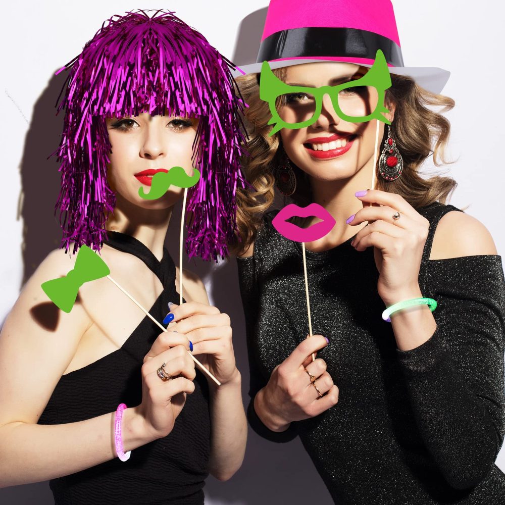 Aodaer 94 Pieces Neon Party Supplies kit Includes 6 Plastic Fedora Hats 6 Colorful Wigs 6 Flashing Light up Glasses 12 Glow Bracelets 44 Photo Booth Props 20 Hairpins for Glow Birthday Party Favors - Image 2