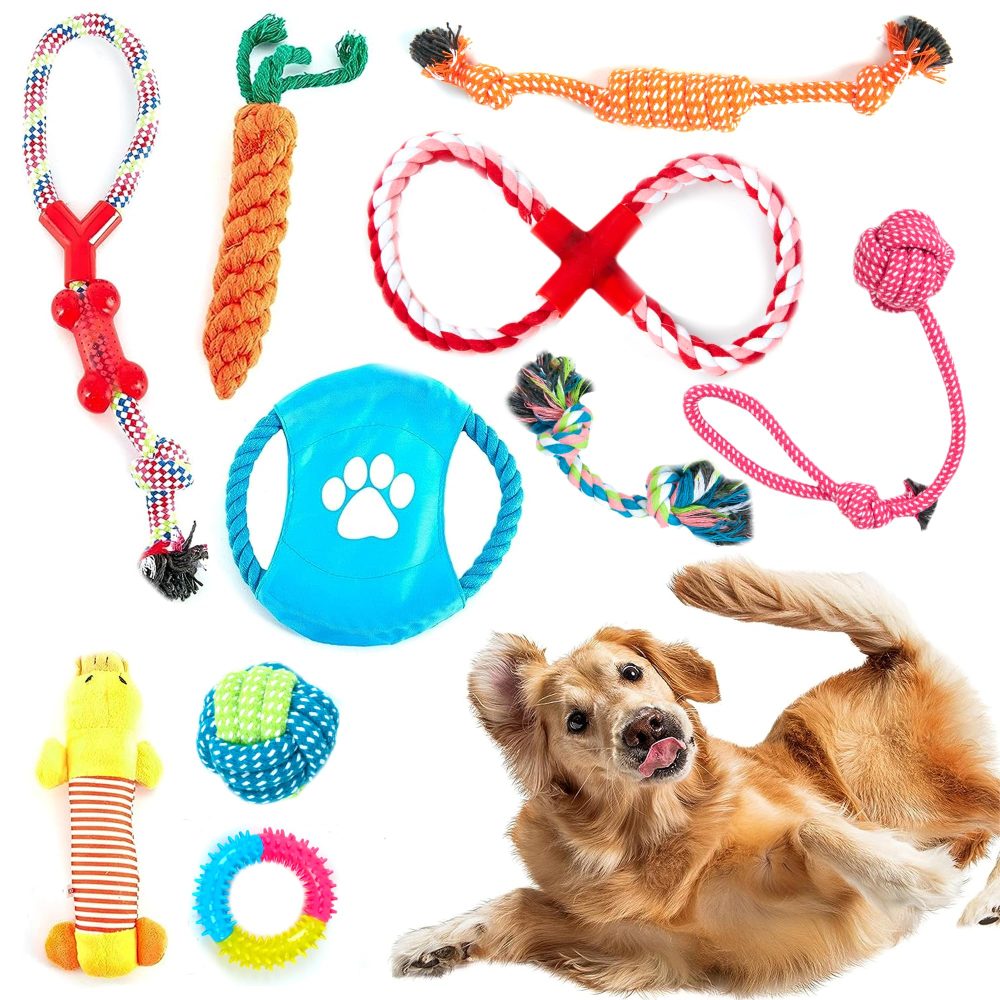 ZENO Chew Dog Toys - Pack of 10 | Teething & Training Washable Cotton Safe Dog Toy Gift Set | Strong Ropes, Balls & Tug for Exercise & Fun | Great for Small, Medium & Large Puppies & Dogs