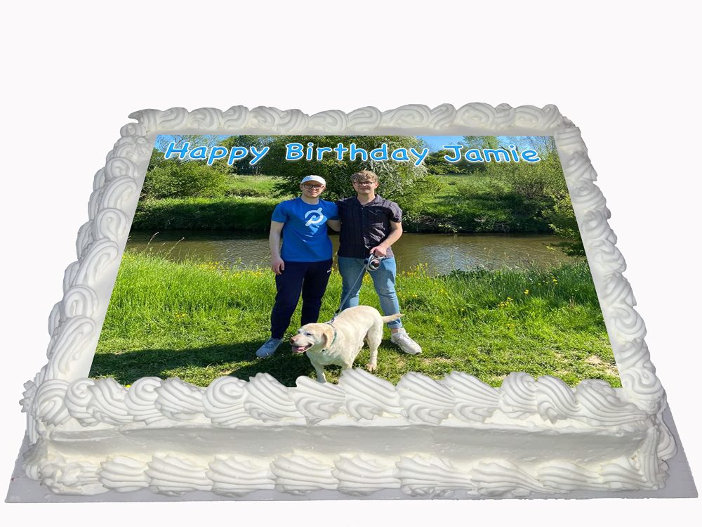 YOUR OWN PHOTO IMAGE WITH PERSONALISED MESSAGE LARGE SIZED EDIBLE ICING CAKE TOPPER DECORATION SUITABLE FOR USE ON COSTCO CAKE